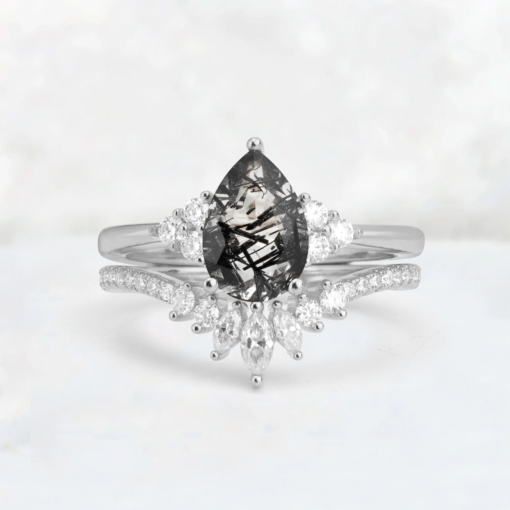 Pear Cut Black Rutilated Quartz Floral Chevron Bridal Ring Set - Additional view