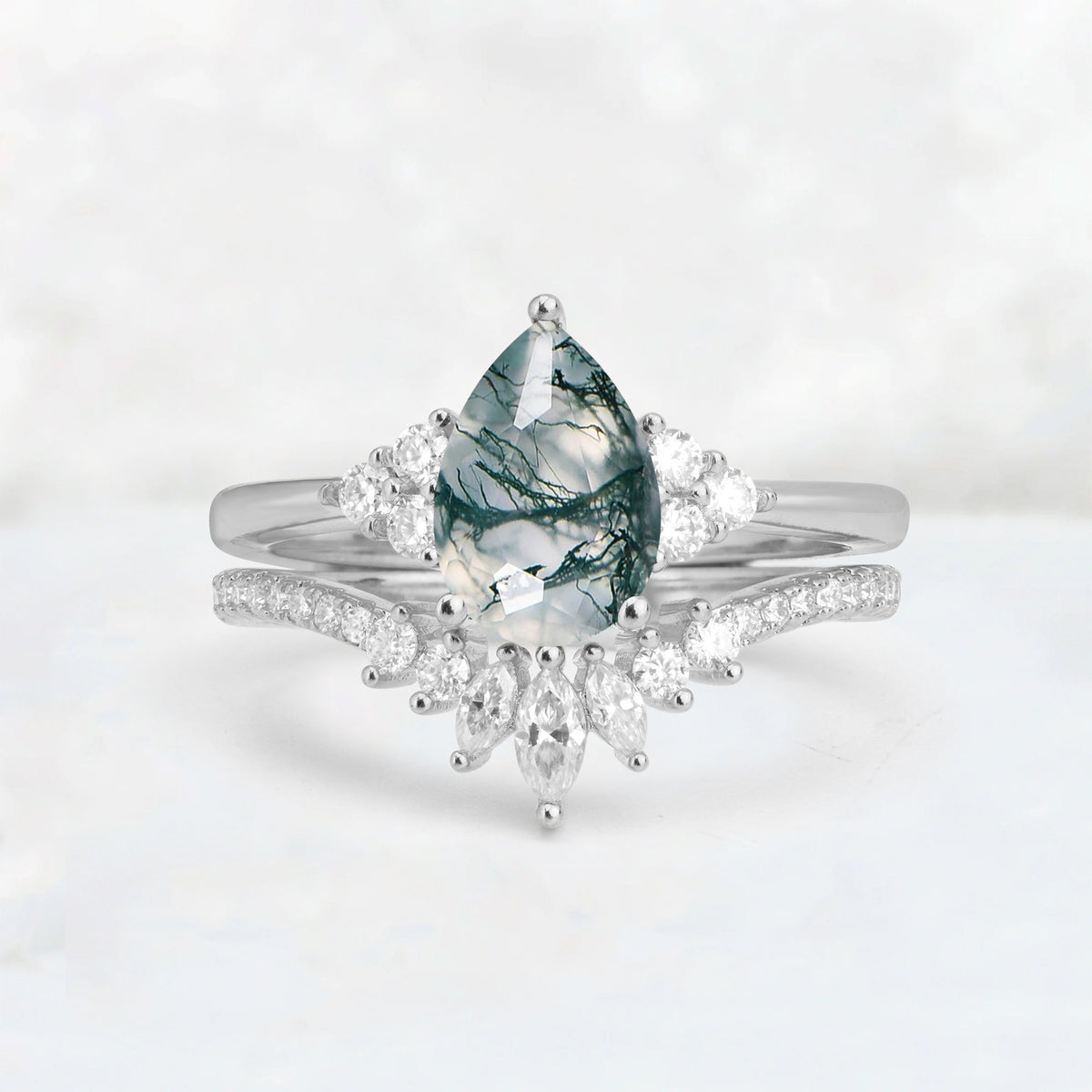 Pear Cut Moss Agate Floral Chevron Bridal Ring Set - Additional view