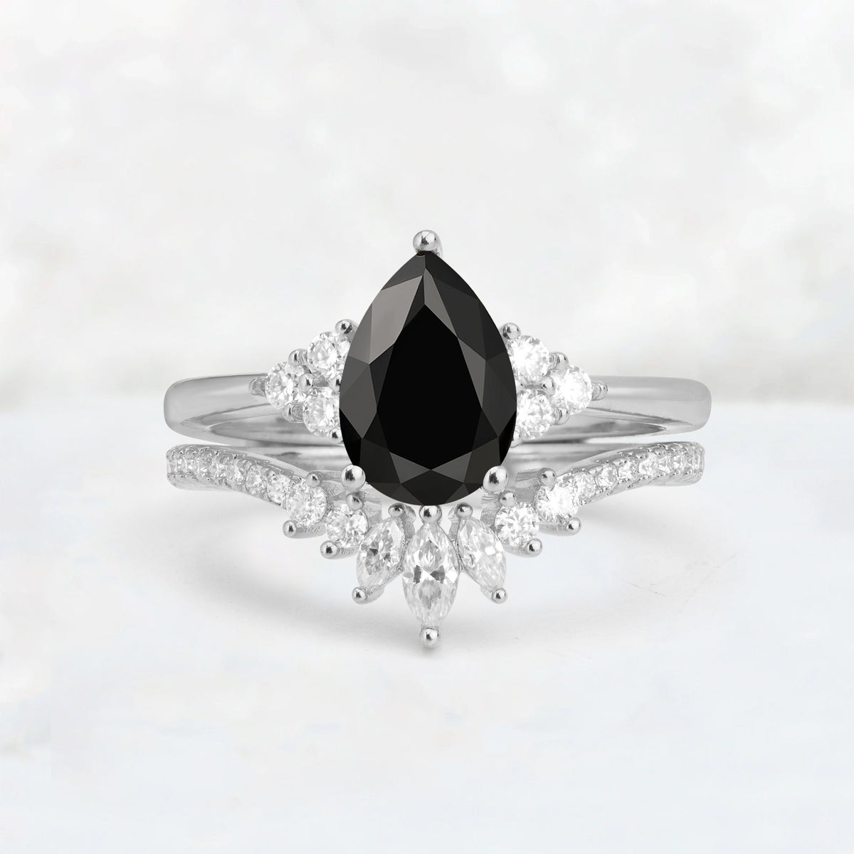 Pear Cut Black Onyx Floral Chevron Bridal Ring Set - Additional view