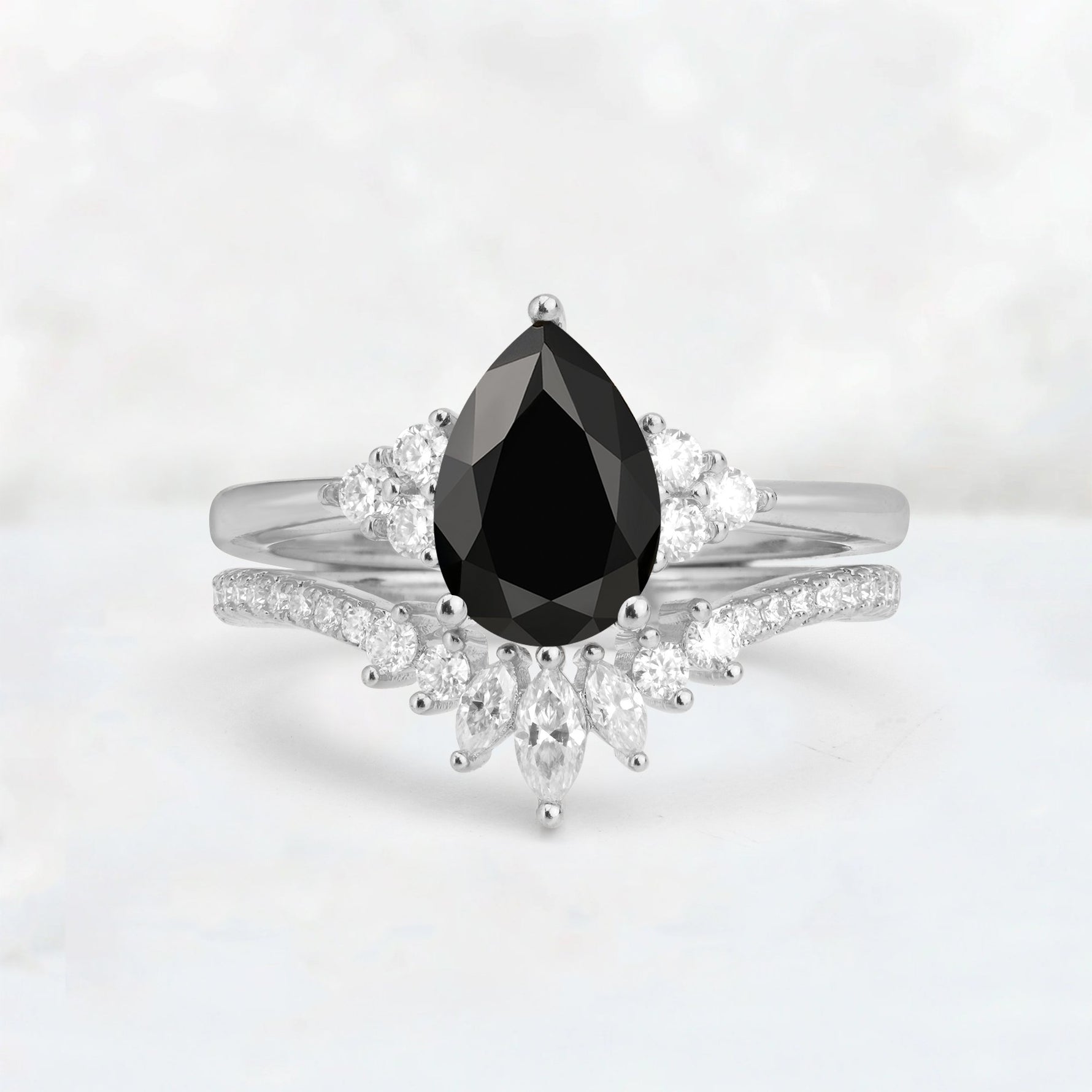 Pear Cut Black Onyx Floral Chevron Bridal Ring Set - Additional view