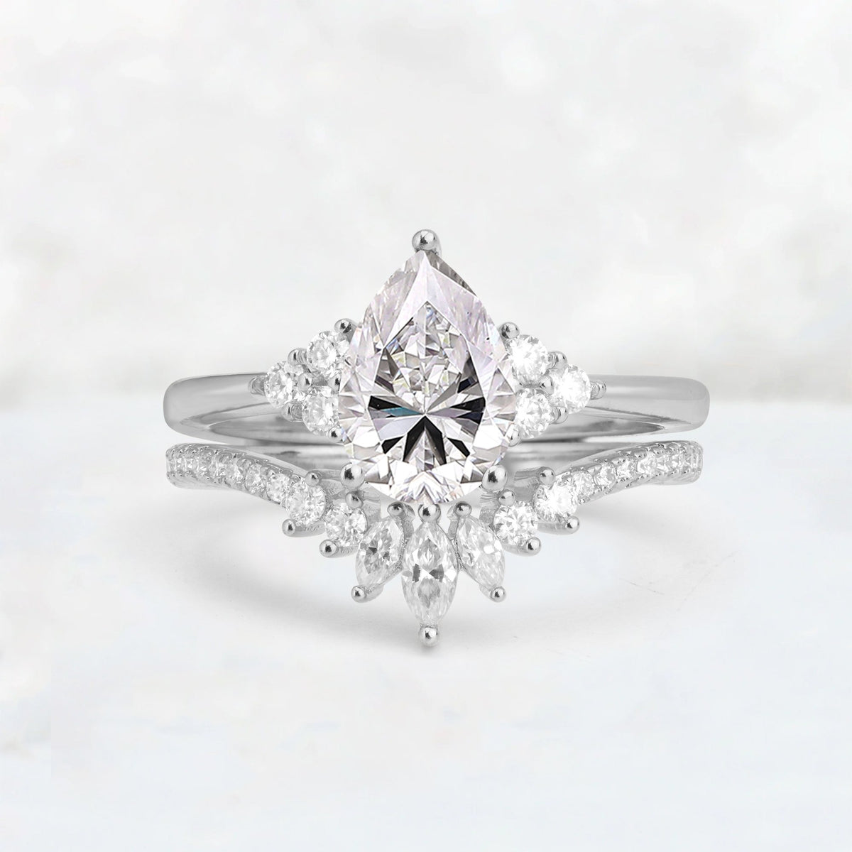 Pear Cut Lab Diamond Floral Chevron Bridal Ring Set - Additional view