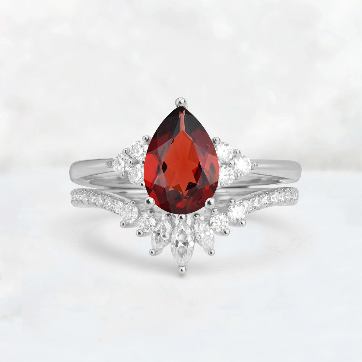 Pear Cut Garnet Floral Chevron Bridal Ring Set - Additional view