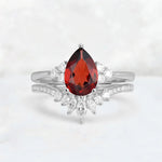 Pear Cut Garnet Floral Chevron Bridal Ring Set - Additional view