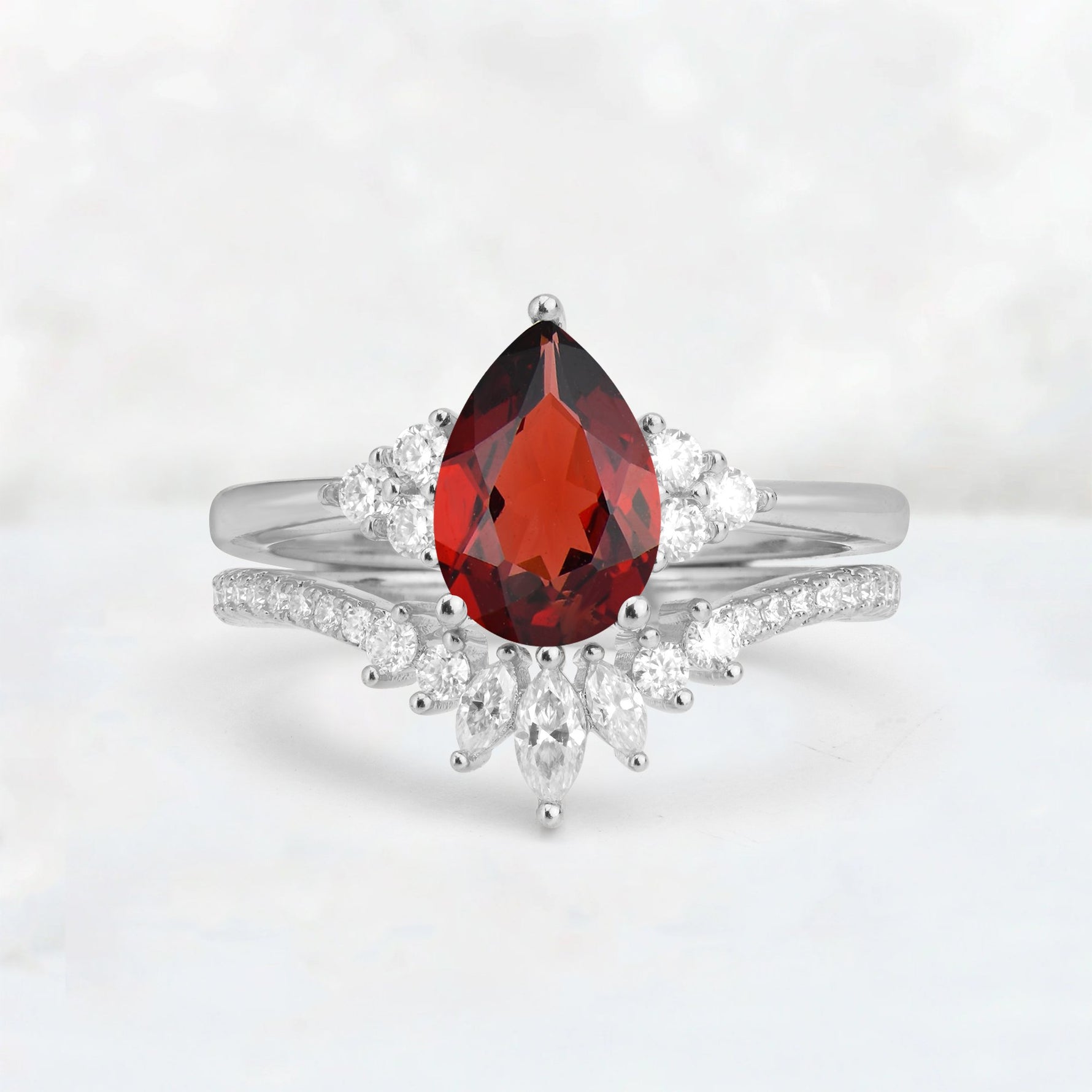 Pear Cut Garnet Floral Chevron Bridal Ring Set - Additional view
