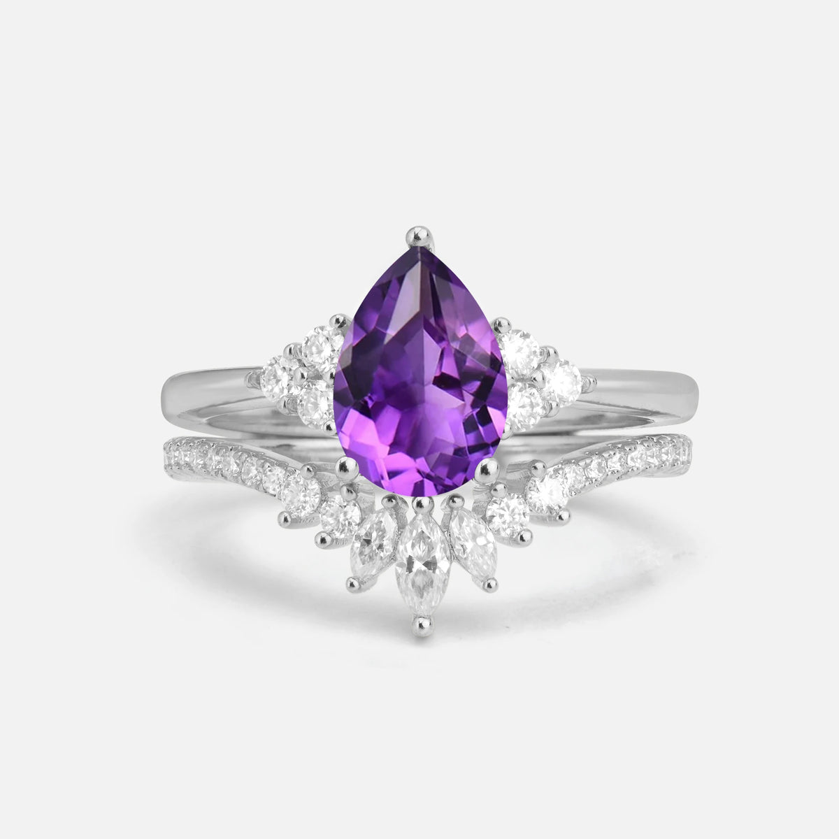 Pear Cut Amethyst Floral Chevron Bridal Ring Set - Additional view