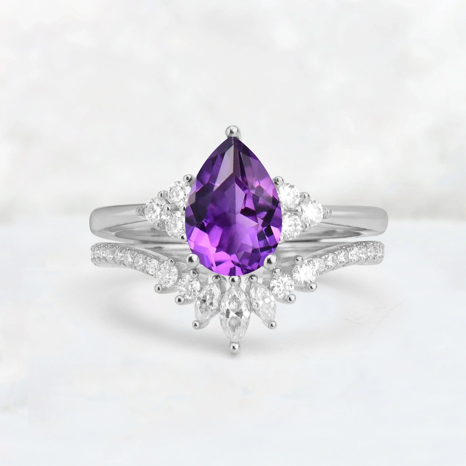 Pear Cut Amethyst Floral Chevron Bridal Ring Set - Additional view