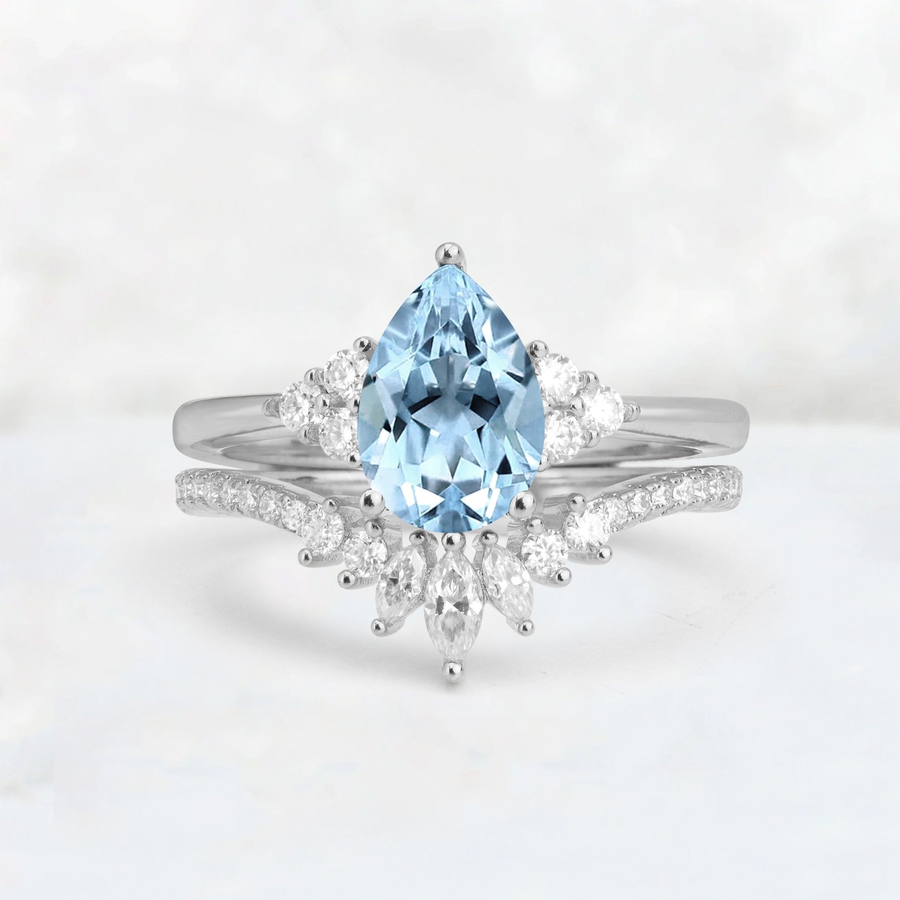 Pear Cut Aquamarine Floral Chevron Bridal Ring Set - Additional view