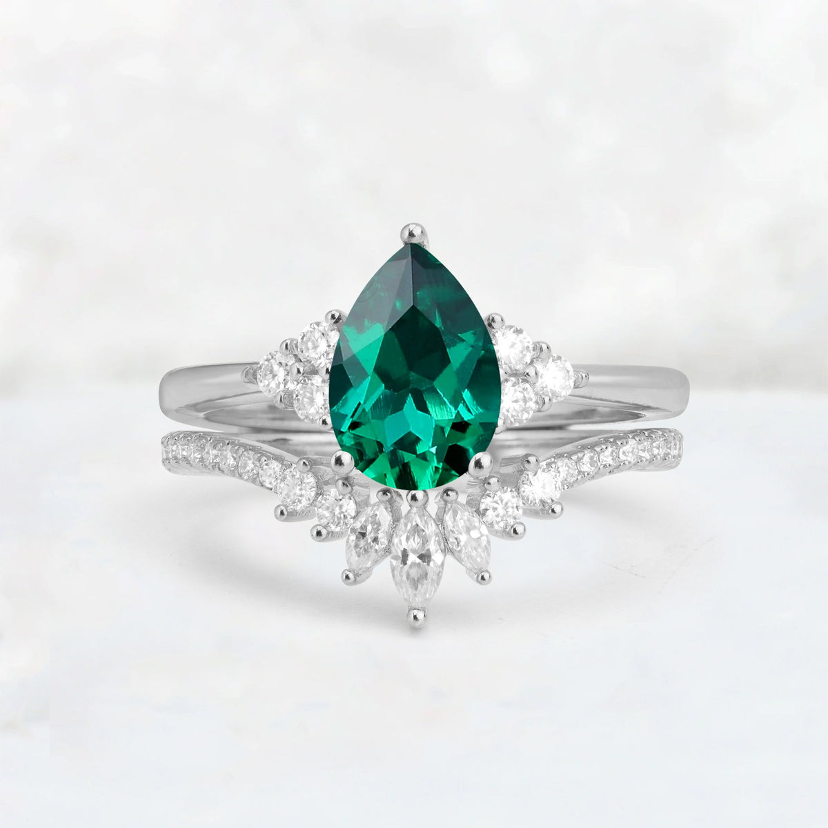 Pear Cut Emerald Floral Chevron Bridal Ring Set - Additional view