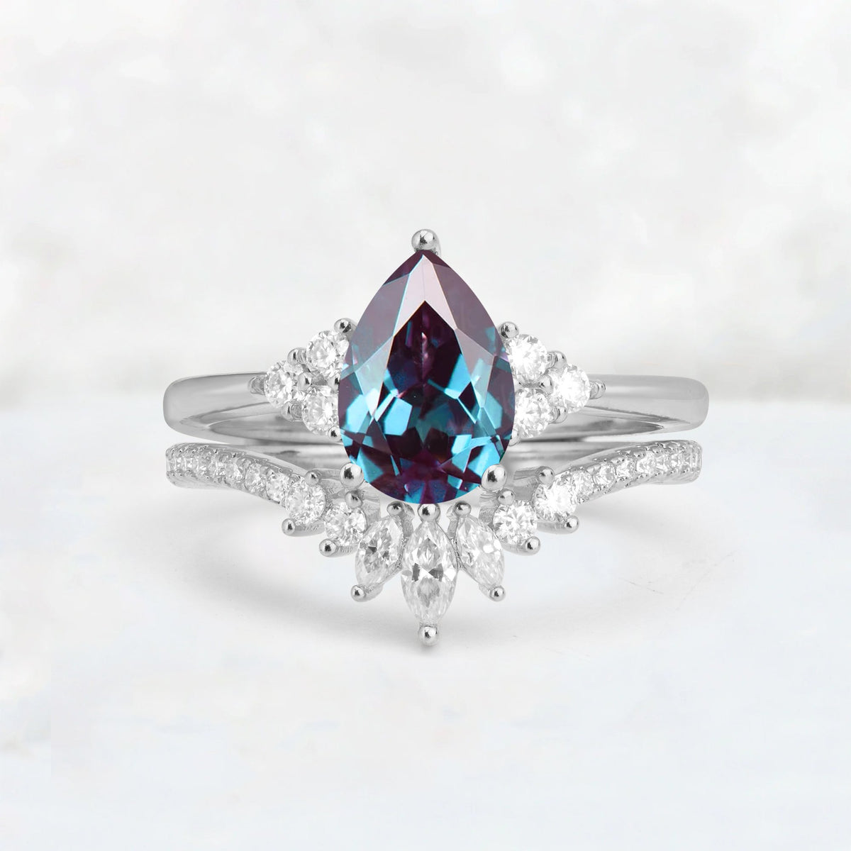 Pear Cut Alexandrite Floral Chevron Bridal Ring Set - Additional view