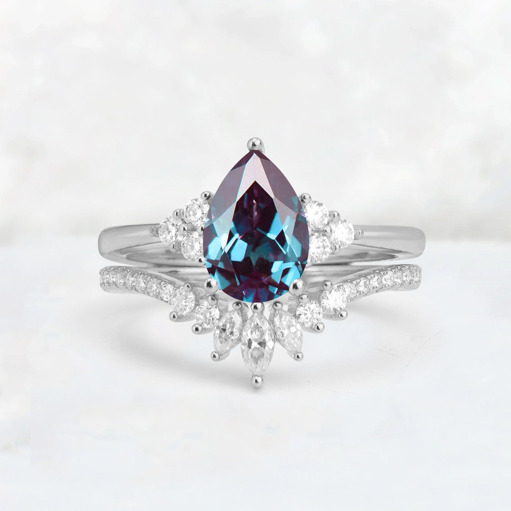 Pear Cut Alexandrite Floral Chevron Bridal Ring Set - Additional view