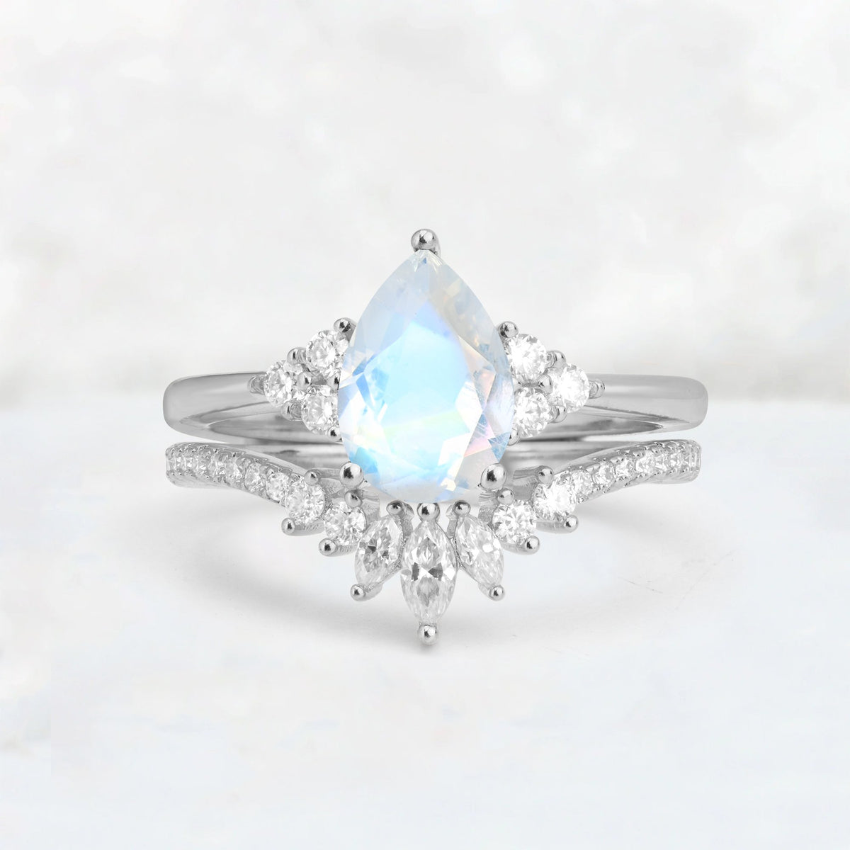 Pear Cut Moonstone Floral Chevron Bridal Ring Set - Additional view