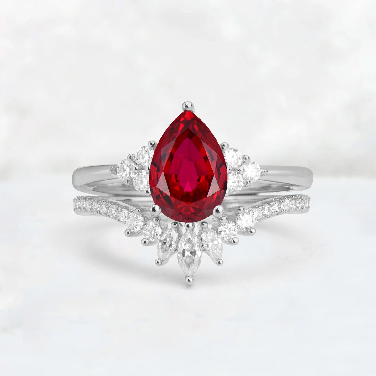 Pear Cut Ruby Floral Chevron Bridal Ring Set - Additional view