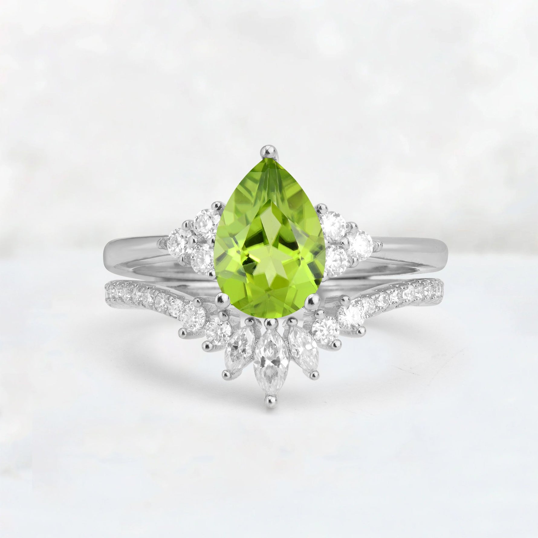 Pear Cut Peridot Floral Chevron Bridal Ring Set - Additional view