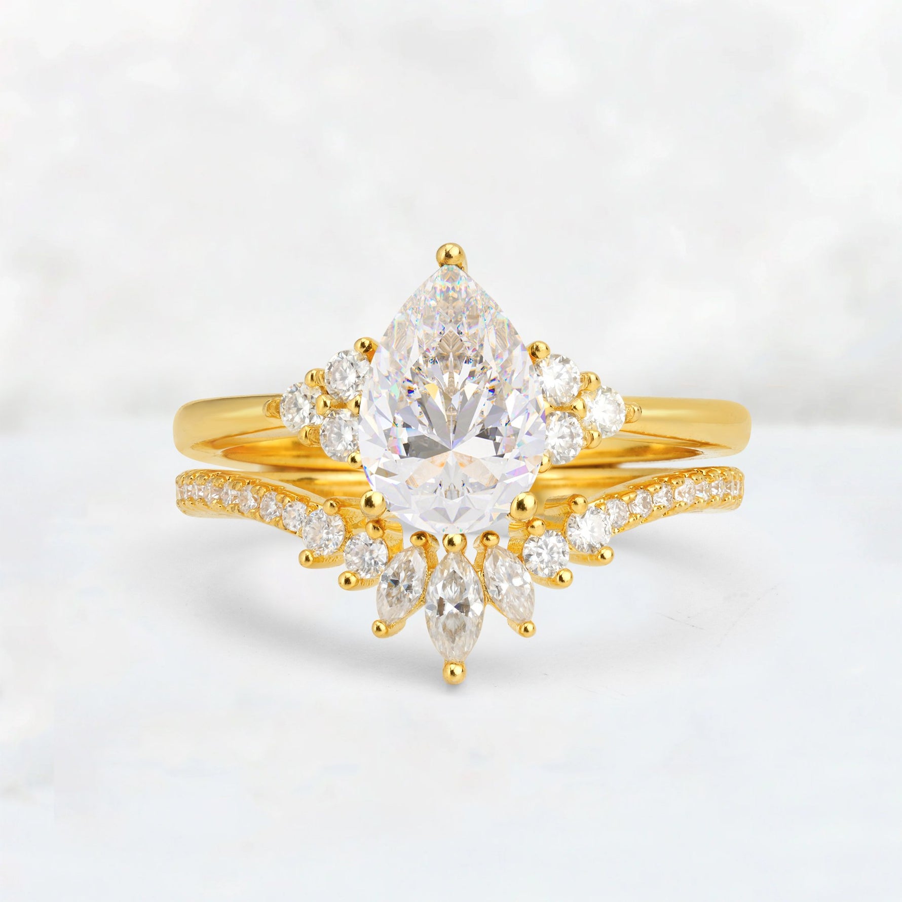 Pear Cut Moissanite Floral Chevron Bridal Ring Set - Additional view