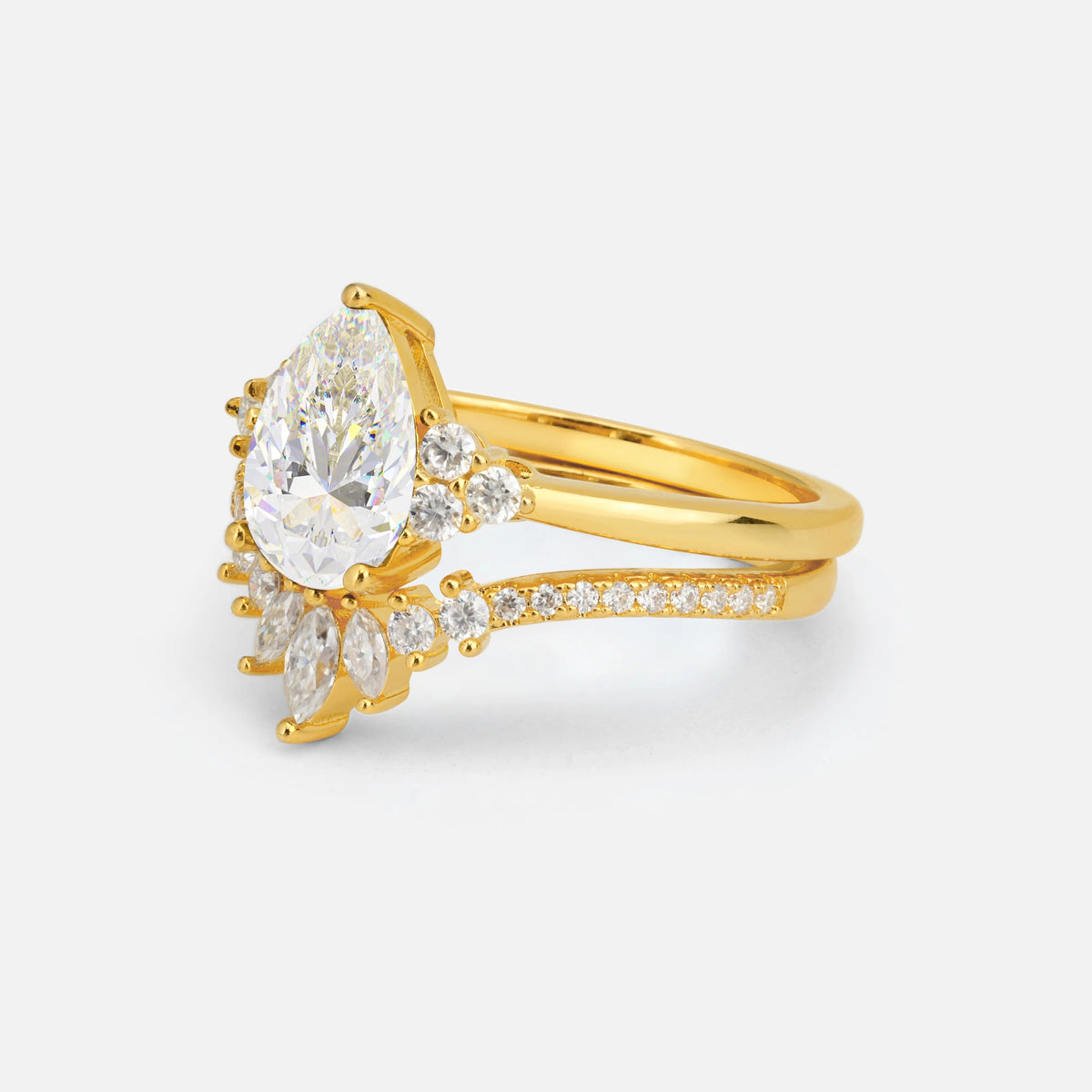 Pear Cut Moissanite Floral Chevron Bridal Ring Set - Additional view