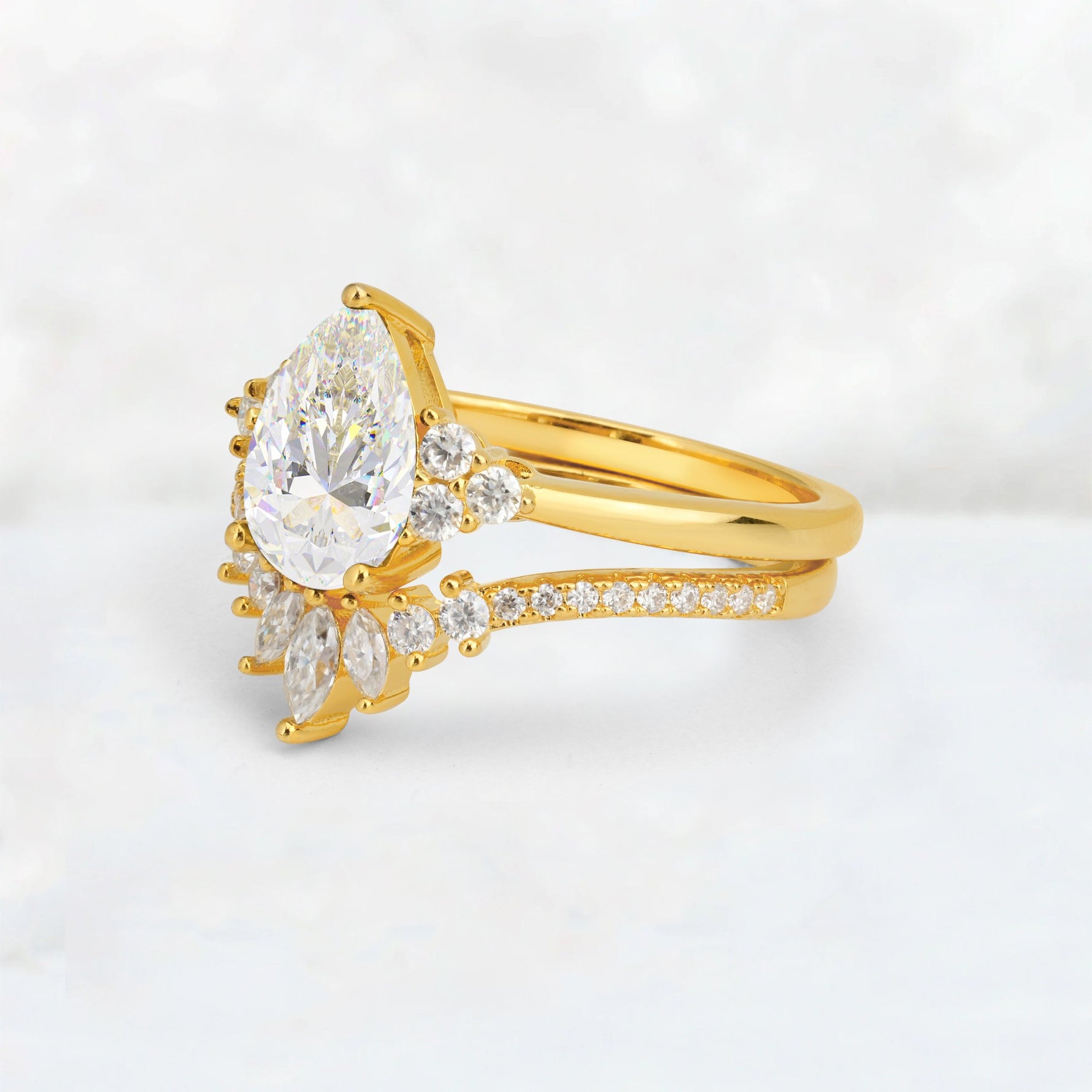 Pear Cut Moissanite Floral Chevron Bridal Ring Set - Additional view