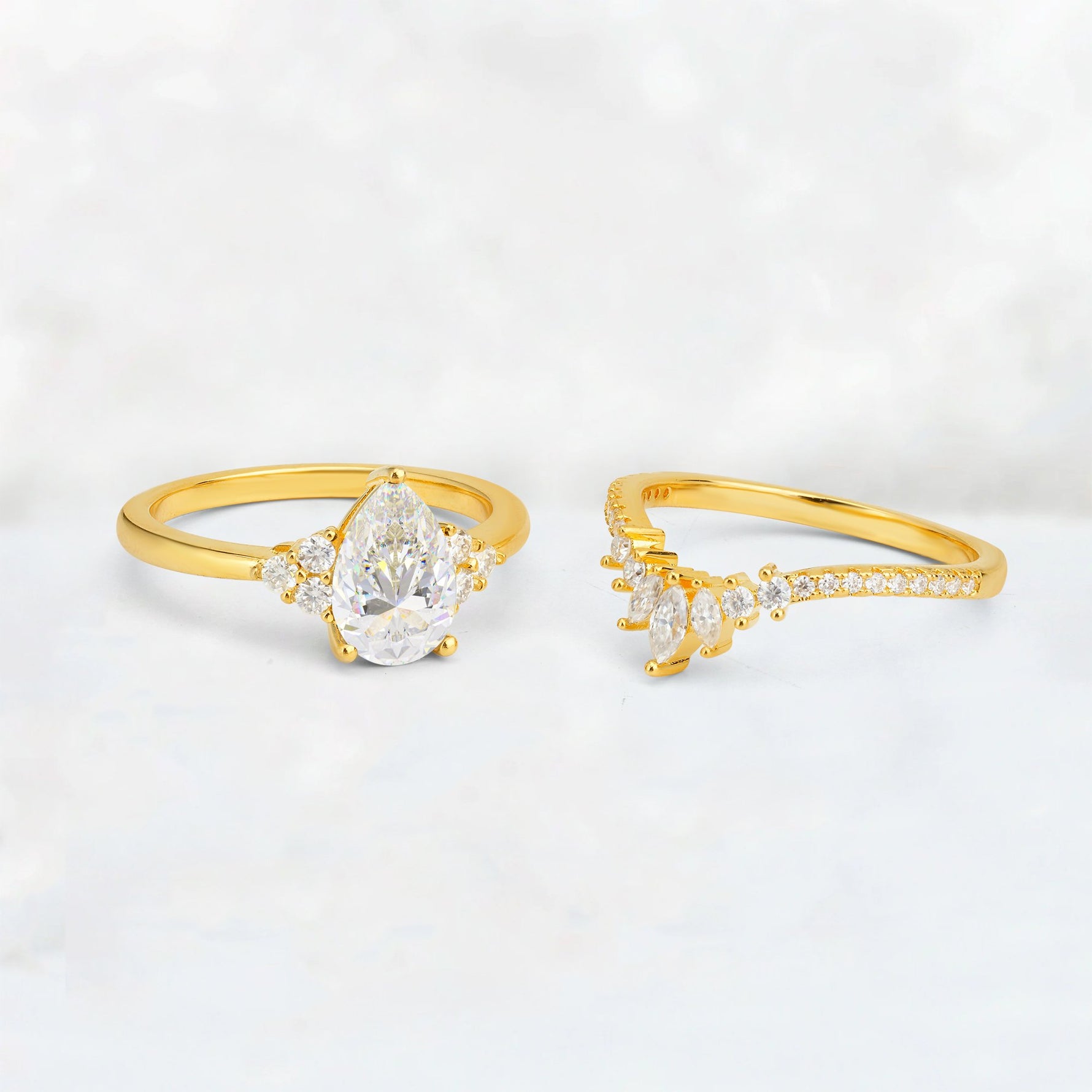 Pear Cut Moissanite Floral Chevron Bridal Ring Set - Additional view