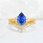 Pear Cut Sapphire Floral Chevron Bridal Ring Set - Additional view