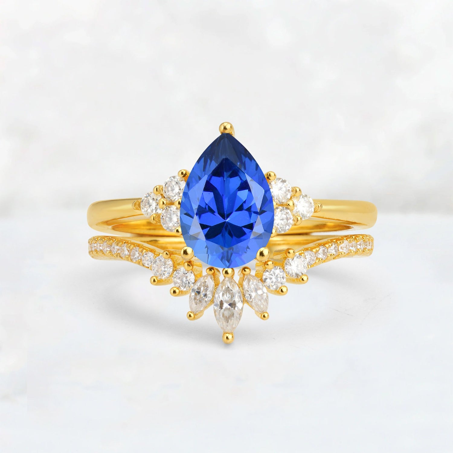 Pear Cut Sapphire Floral Chevron Bridal Ring Set - Additional view
