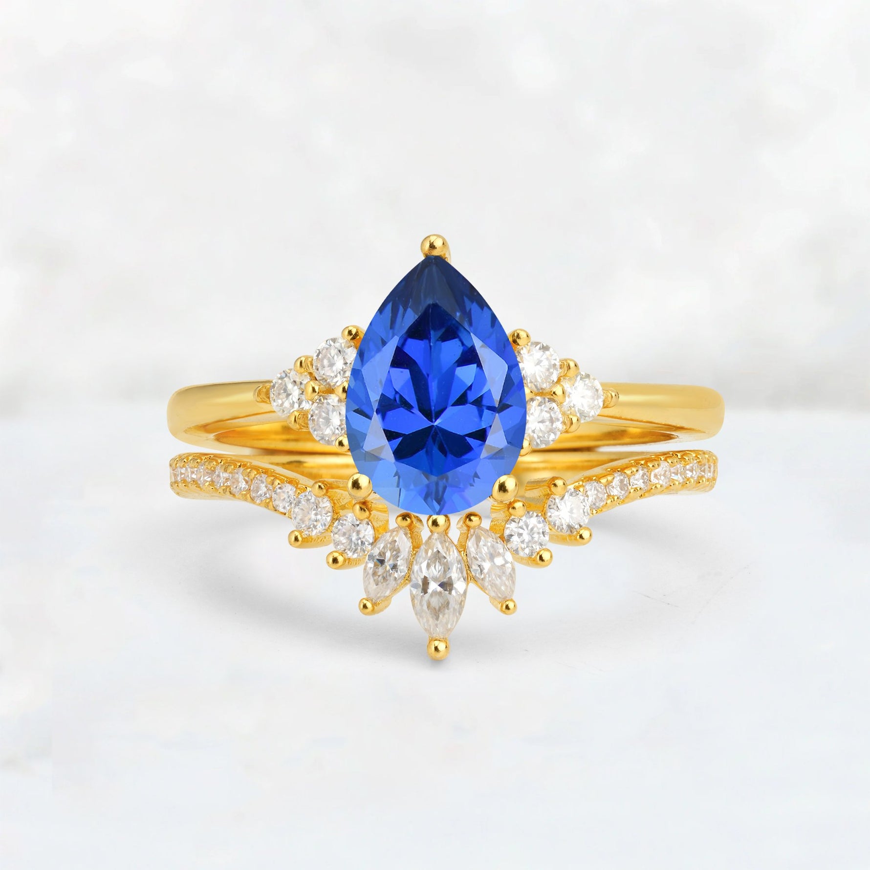 Pear Cut Sapphire Floral Chevron Bridal Ring Set - Additional view