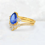 Pear Cut Sapphire Floral Chevron Bridal Ring Set - Additional view
