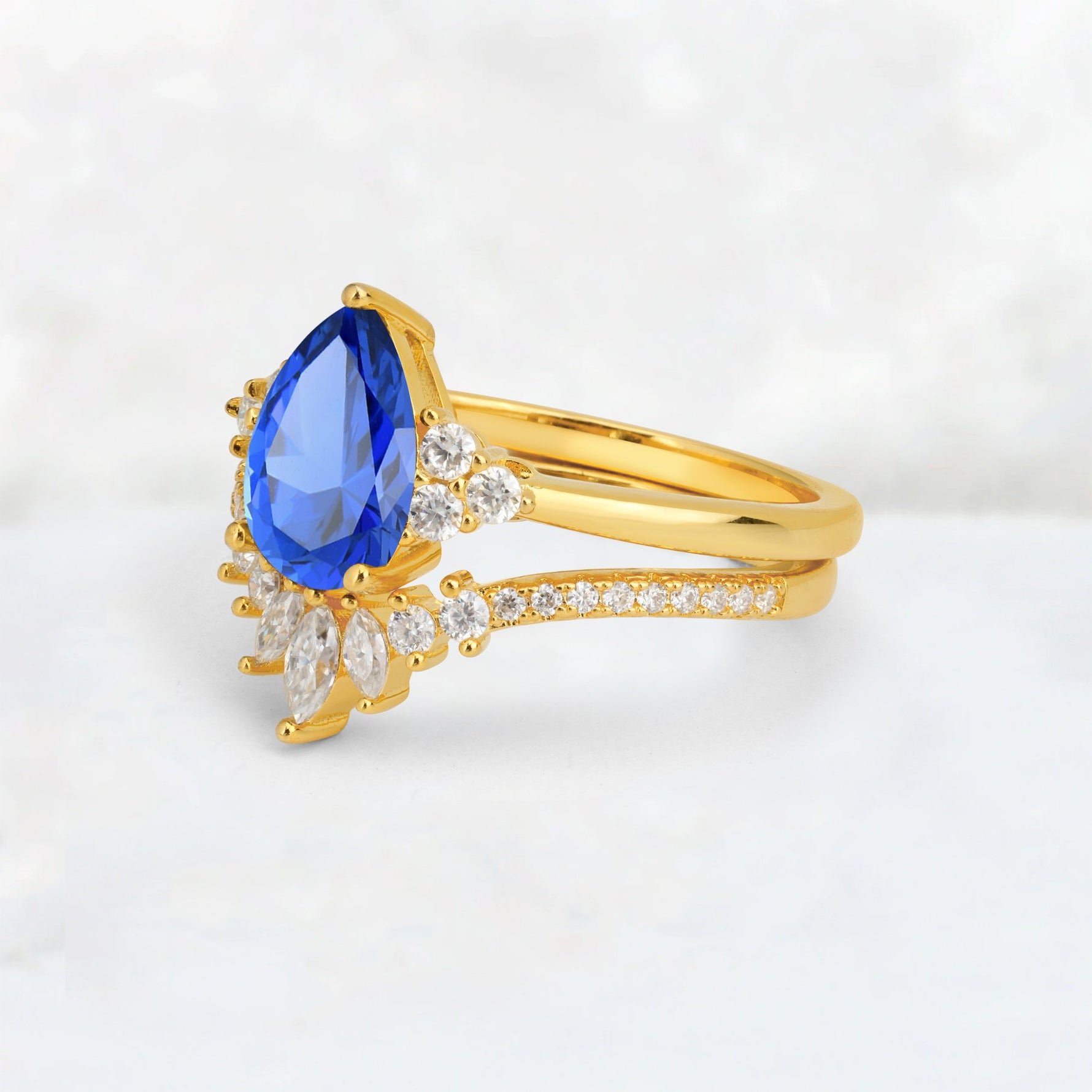 Pear Cut Sapphire Floral Chevron Bridal Ring Set - Additional view