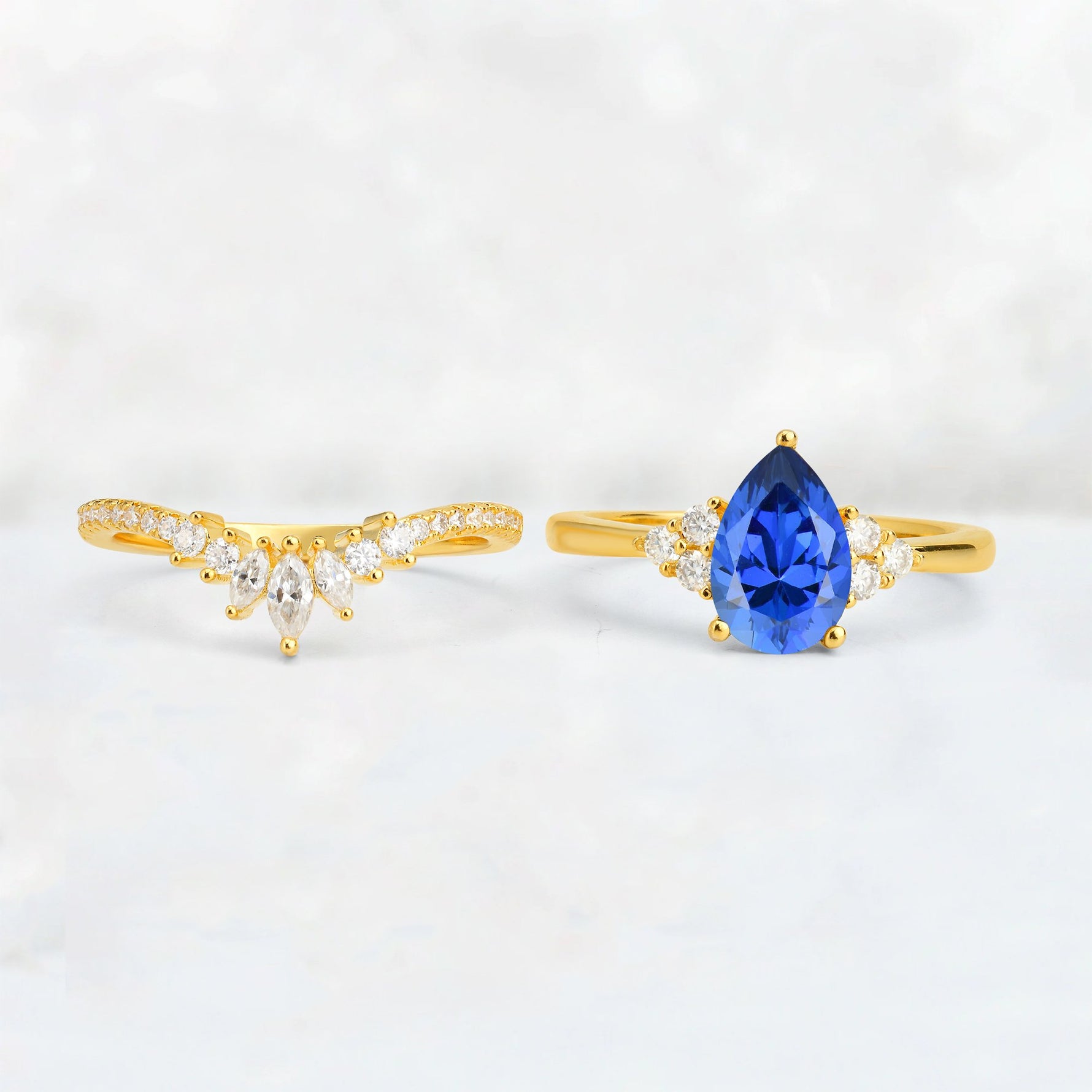 Pear Cut Sapphire Floral Chevron Bridal Ring Set - Additional view