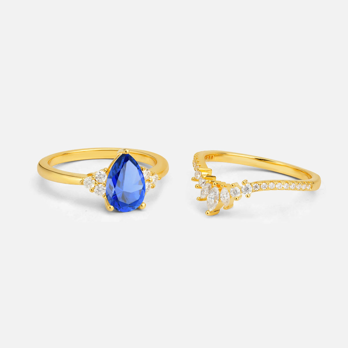 Pear Cut Sapphire Floral Chevron Bridal Ring Set - Additional view
