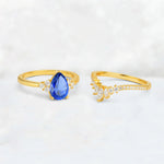 Pear Cut Sapphire Floral Chevron Bridal Ring Set - Additional view