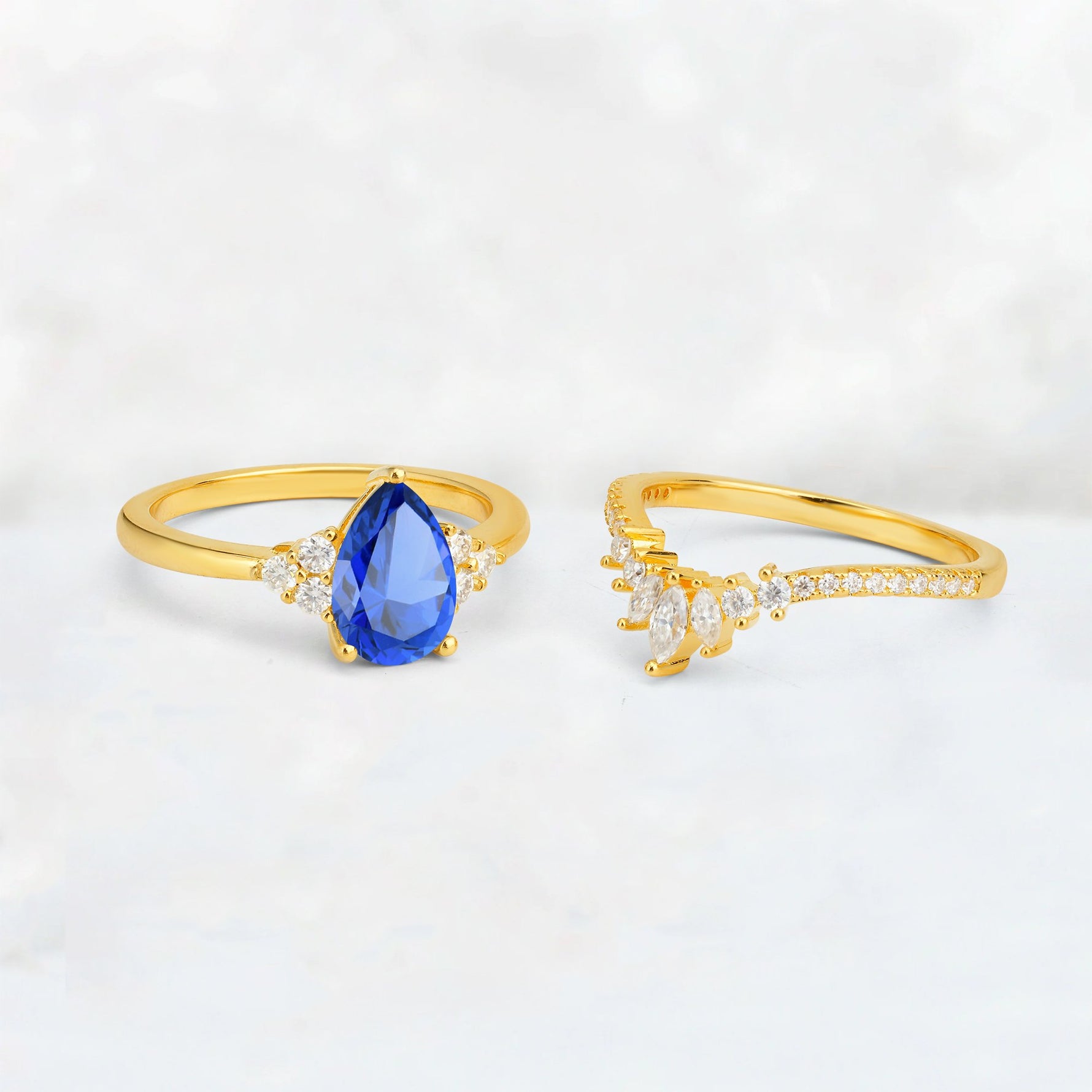 Pear Cut Sapphire Floral Chevron Bridal Ring Set - Additional view