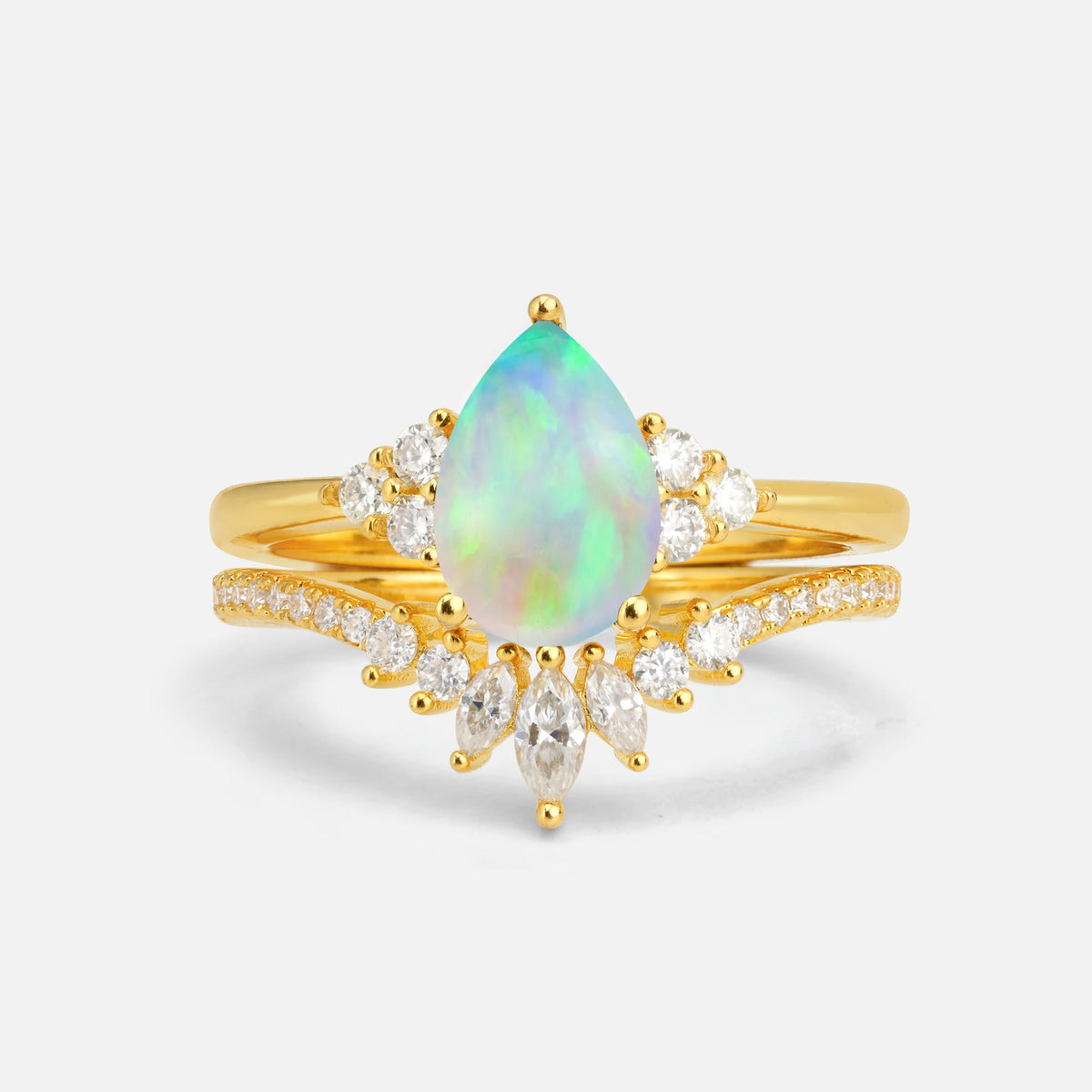 Pear Cut Fire Opal Floral Chevron Bridal Ring Set - Additional view
