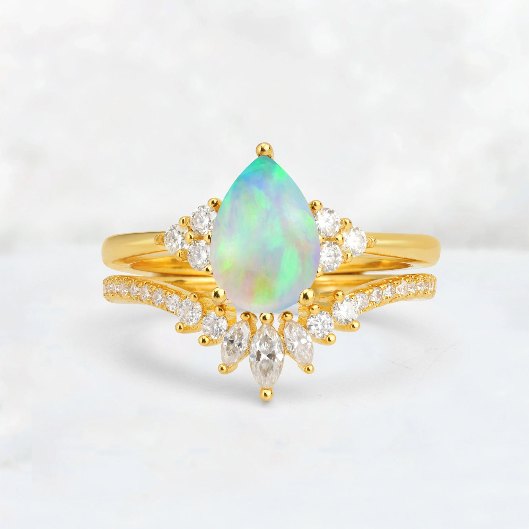 Pear Cut Fire Opal Floral Chevron Bridal Ring Set - Additional view