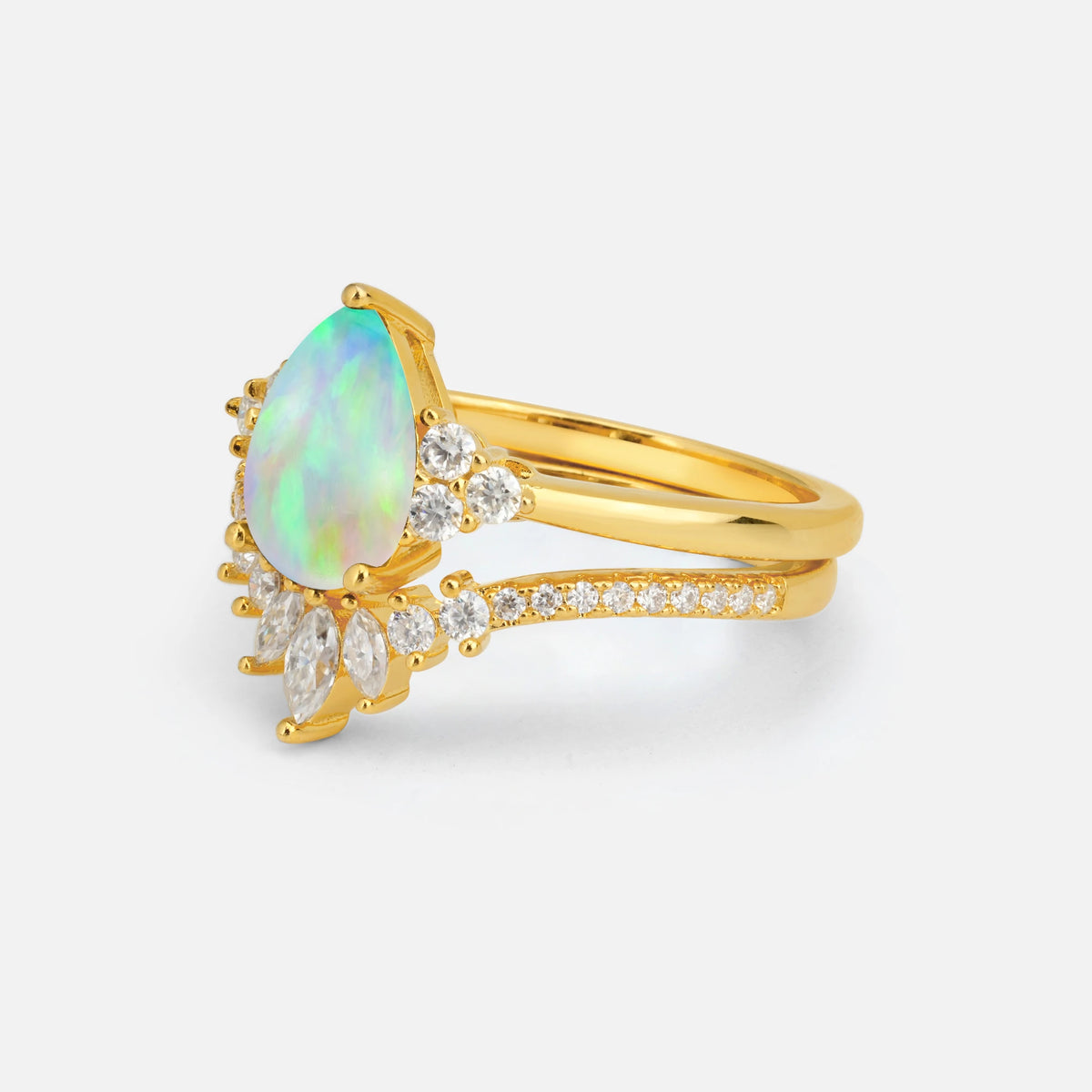 Pear Cut Fire Opal Floral Chevron Bridal Ring Set - Additional view
