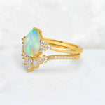Pear Cut Fire Opal Floral Chevron Bridal Ring Set - Additional view