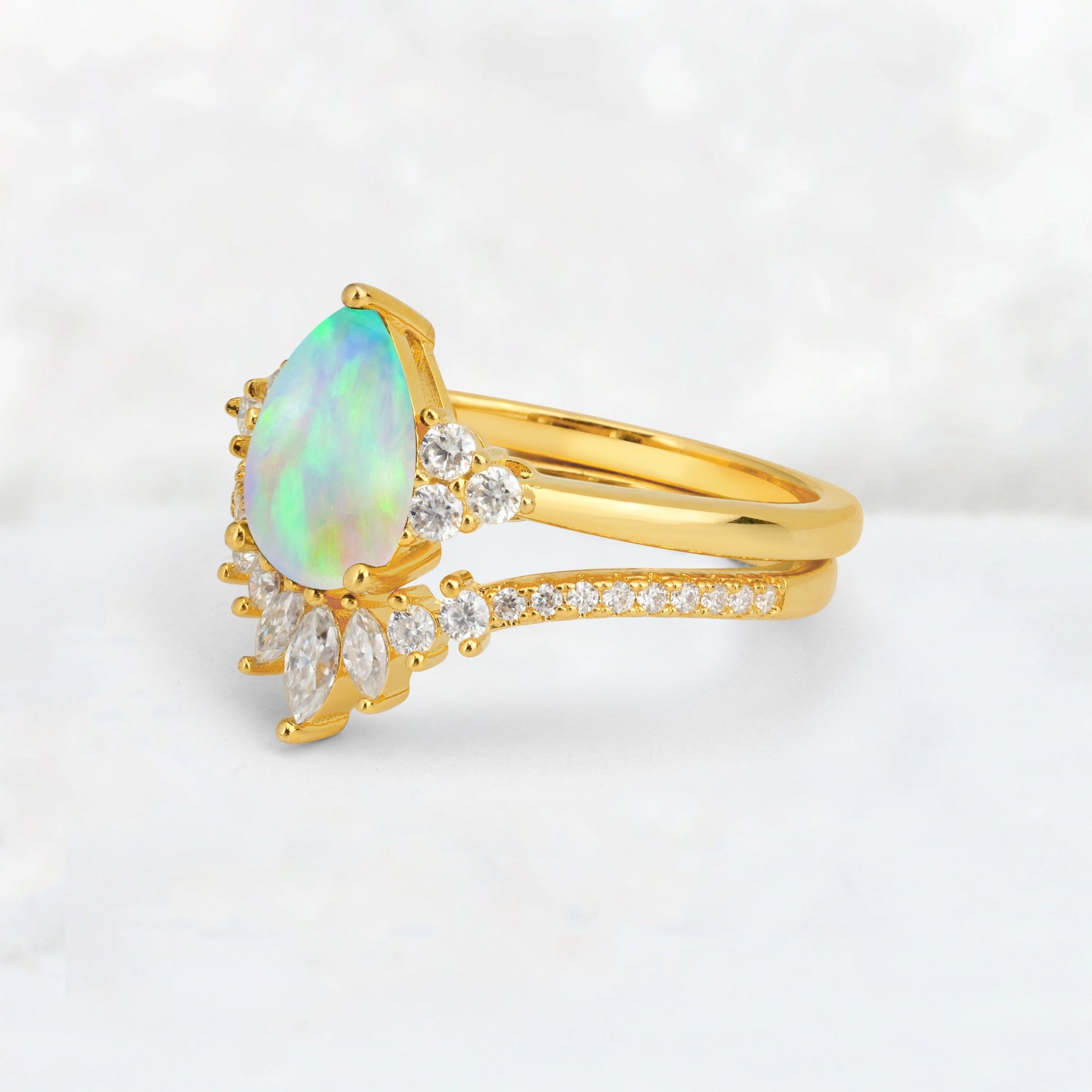 Pear Cut Fire Opal Floral Chevron Bridal Ring Set - Additional view