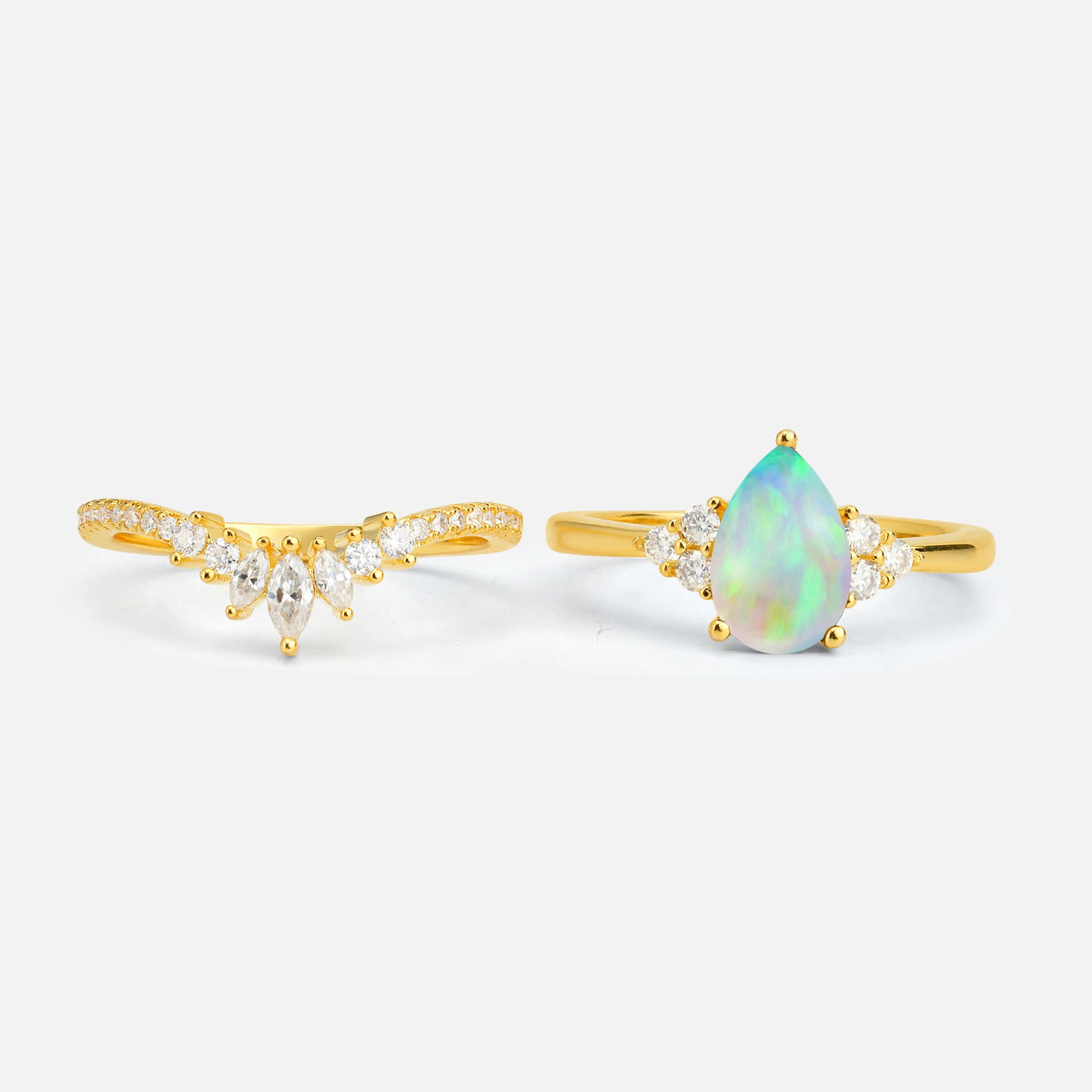 Pear Cut Fire Opal Floral Chevron Bridal Ring Set - Additional view