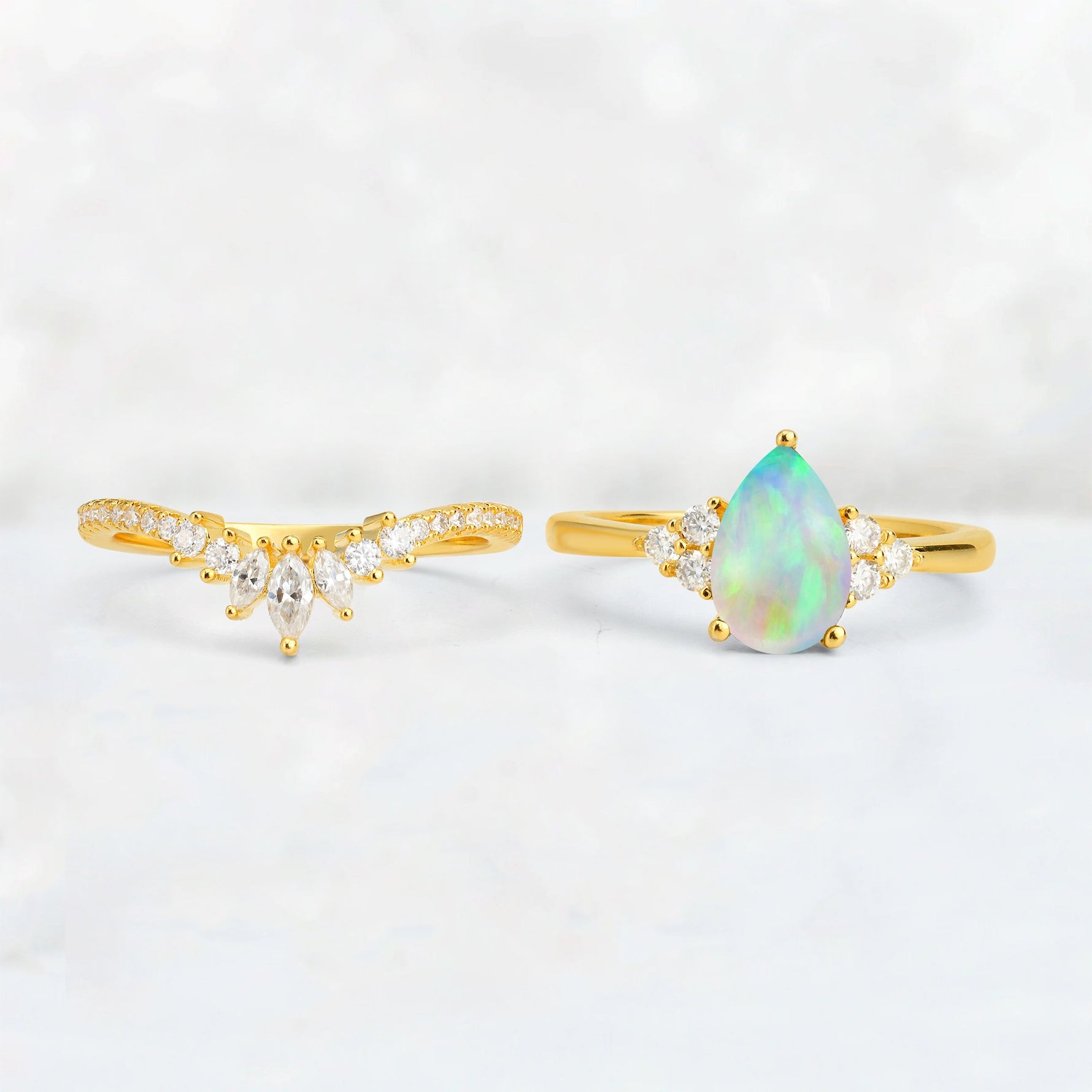 Pear Cut Fire Opal Floral Chevron Bridal Ring Set - Additional view