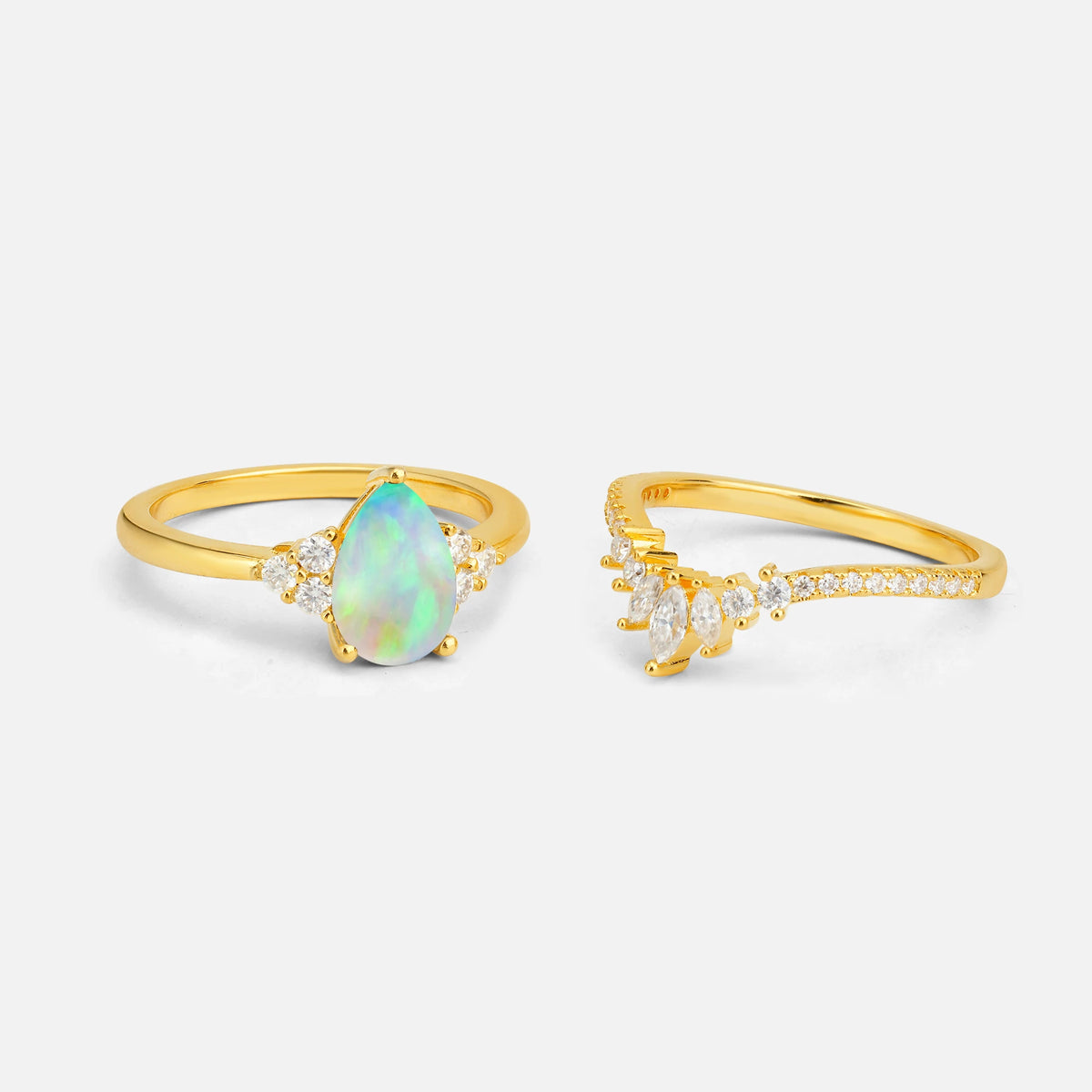 Pear Cut Fire Opal Floral Chevron Bridal Ring Set - Additional view