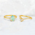 Pear Cut Fire Opal Floral Chevron Bridal Ring Set - Additional view