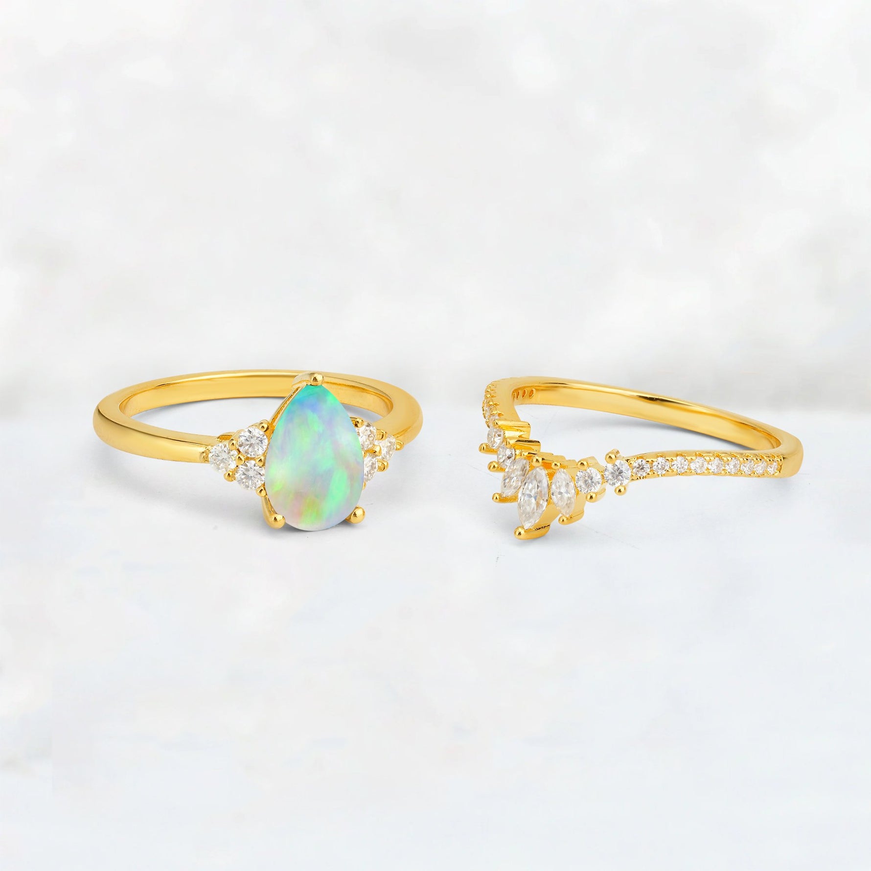 Pear Cut Fire Opal Floral Chevron Bridal Ring Set - Additional view