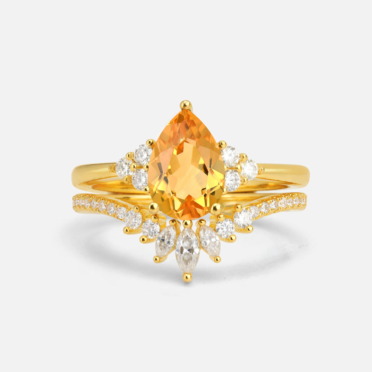Pear Cut Citrine Floral Chevron Bridal Ring Set - Additional view