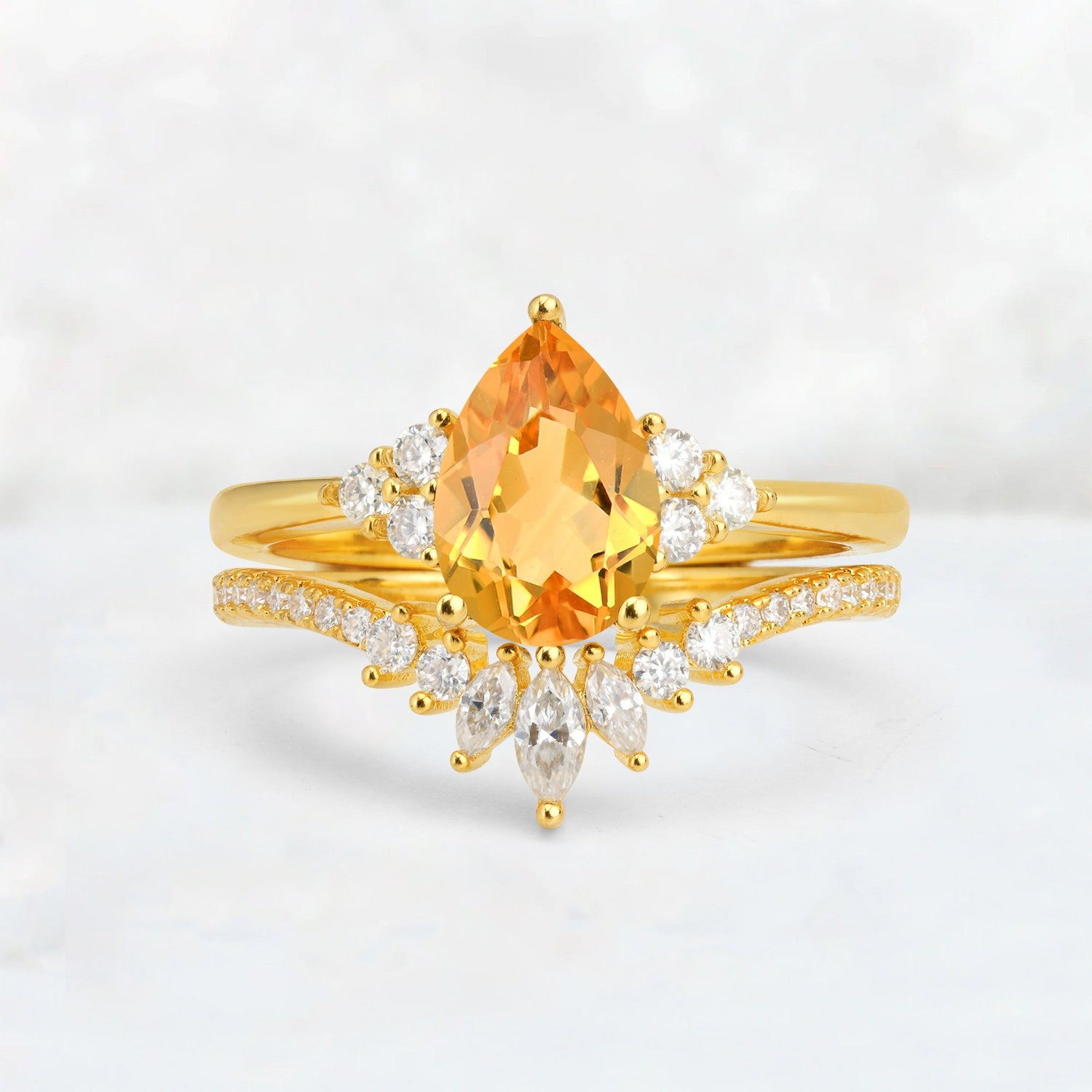 Pear Cut Citrine Floral Chevron Bridal Ring Set - Additional view