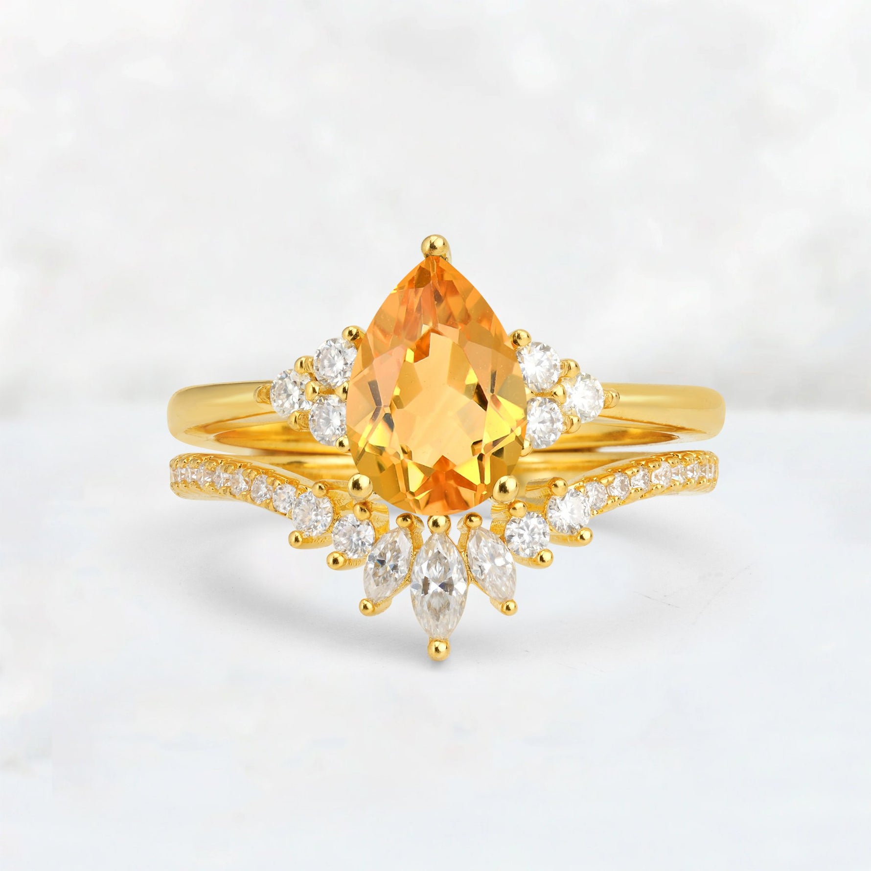 Pear Cut Citrine Floral Chevron Bridal Ring Set - Additional view