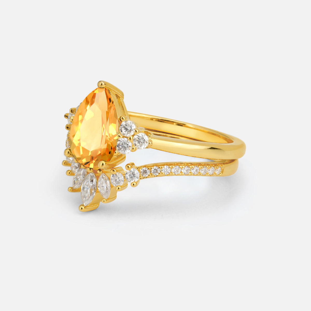 Pear Cut Citrine Floral Chevron Bridal Ring Set - Additional view