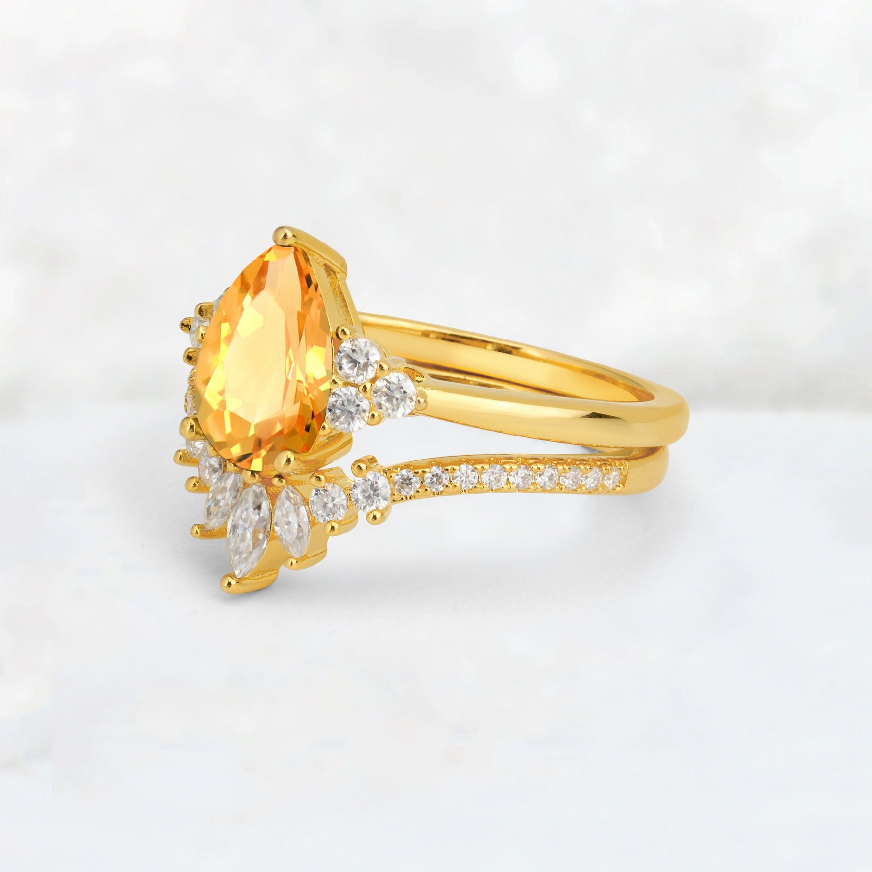 Pear Cut Citrine Floral Chevron Bridal Ring Set - Additional view