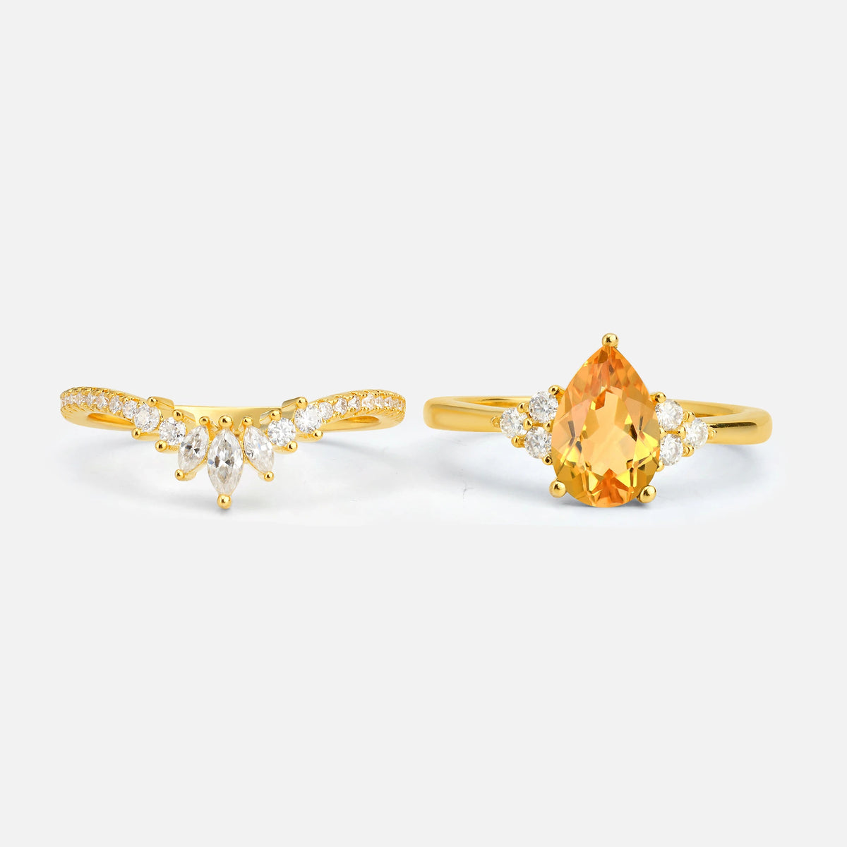 Pear Cut Citrine Floral Chevron Bridal Ring Set - Additional view