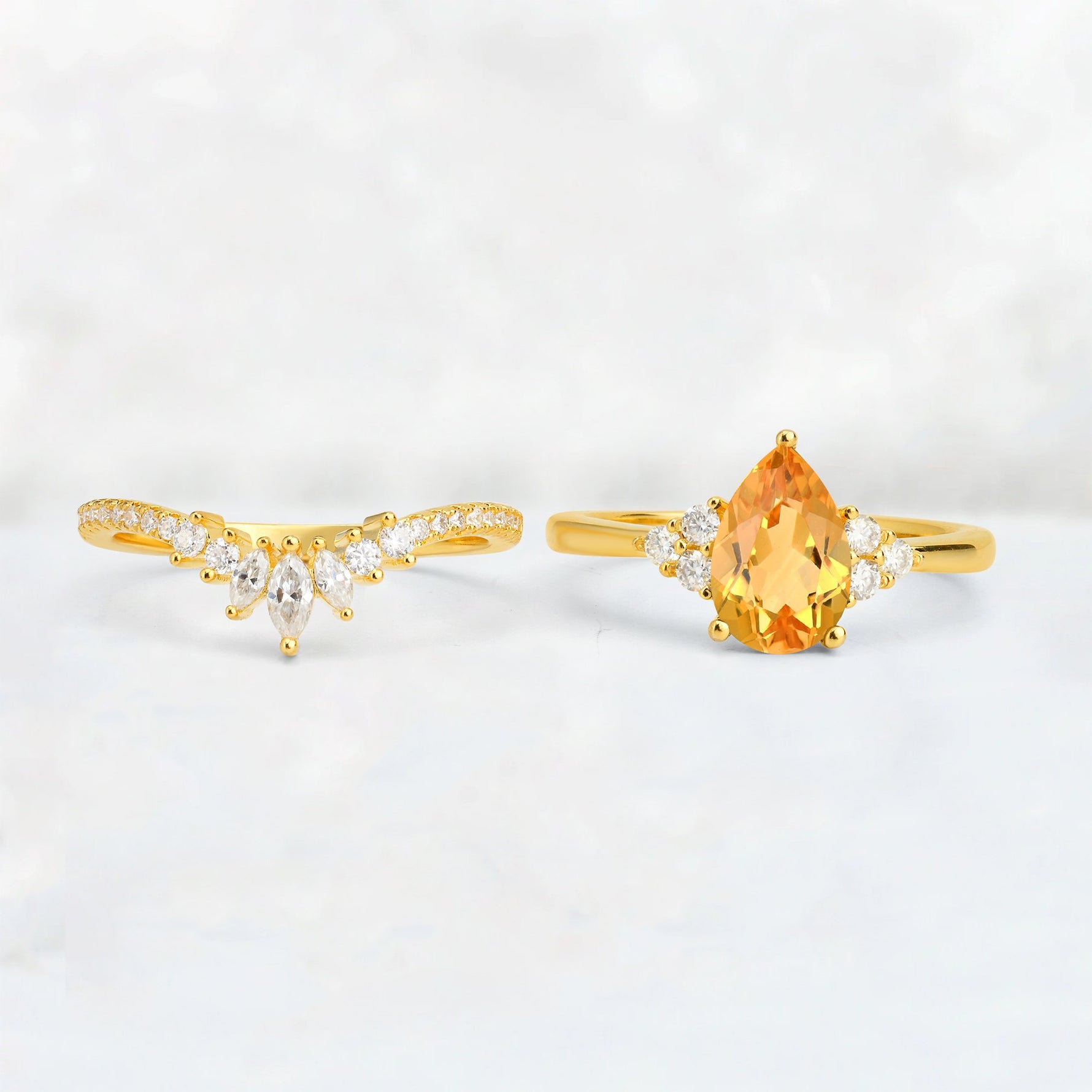 Pear Cut Citrine Floral Chevron Bridal Ring Set - Additional view