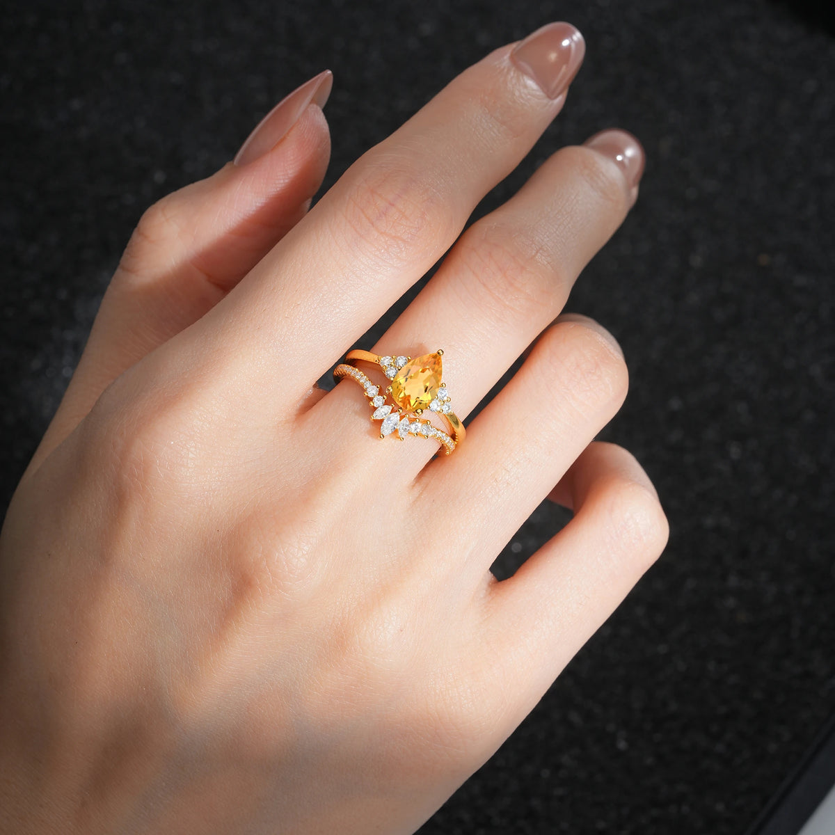 Pear Cut Citrine Floral Chevron Bridal Ring Set - Additional view