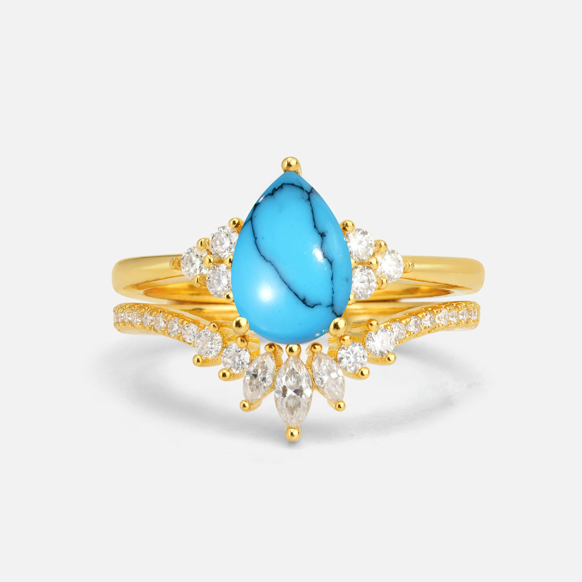 Pear Cut Turquoise Floral Chevron Bridal Ring Set - Additional view