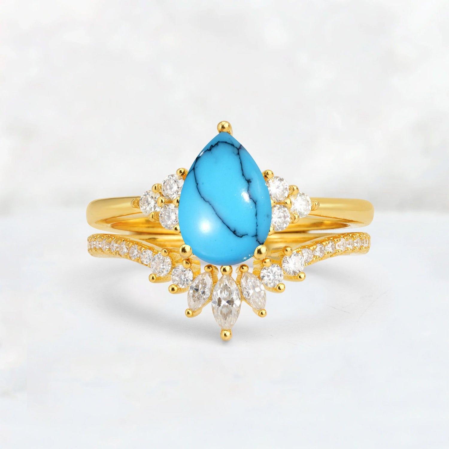 Pear Cut Turquoise Floral Chevron Bridal Ring Set - Additional view
